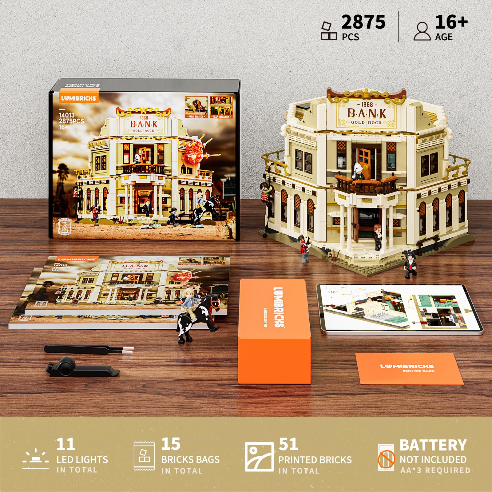 Lumibricks Western Bank Heist Bausatz – 2875 PCS Wildwest-Stadt Flagship-Modell mit 11 LED-Lichtern, 6 Minifiguren, Hochdetaillierte Architektur, Sammlerstück & Geschenk für Erwachsene & Kinder 6