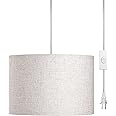 DEWENWILS Plug in Pendant Light, Hanging Light with 15Ft Clear Cord, On/Off Switch, Beige Linen Shade, Hanging Light Fixture for Bedroom, Kitchen, Living Room, Dining Table