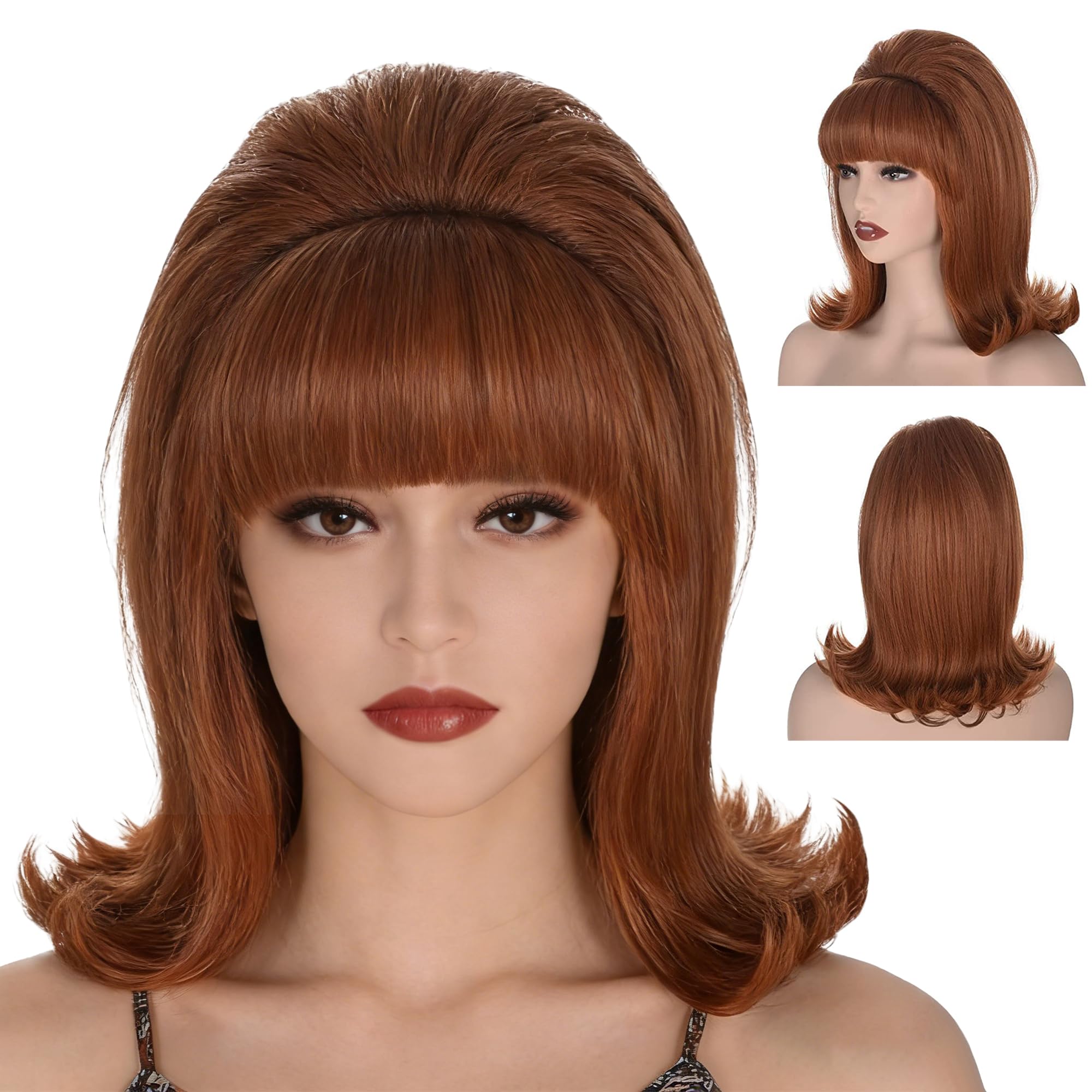 MORTICIA Womens Flip Wig 70s Pinup Pelucas 60s Retro Beehive Style Vintage Look Betty Rubble Wig Halloween Costume Women Wig wtih Bang (Ginger)