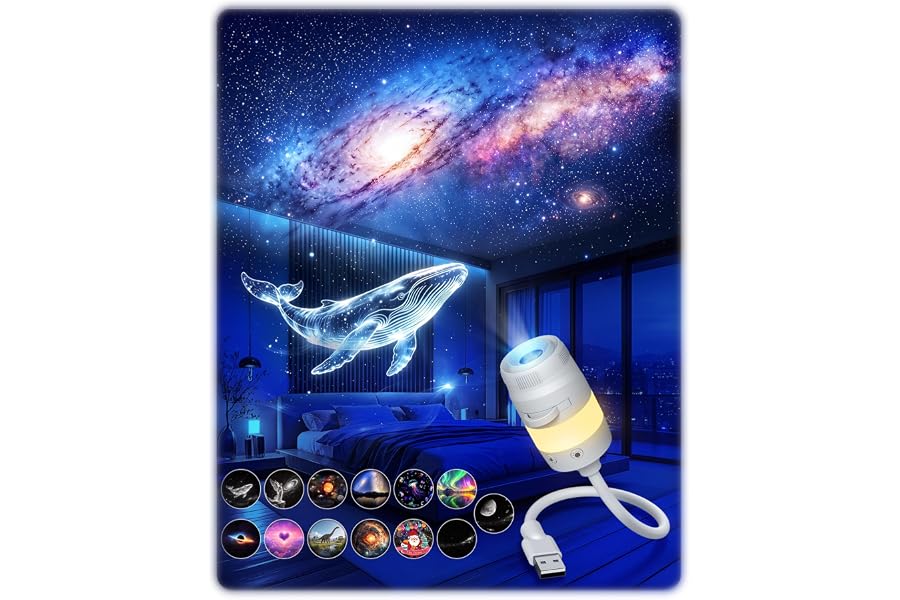 Afootry 2-in-1 Galaxy Starry Sky Night Light Projector Plug and Play HD 5D | Star Ocean Holographic Night Light Projector 360°Adjustable Mini Projector for Ceiling Bedroom Car Decor Gift (13 Films)