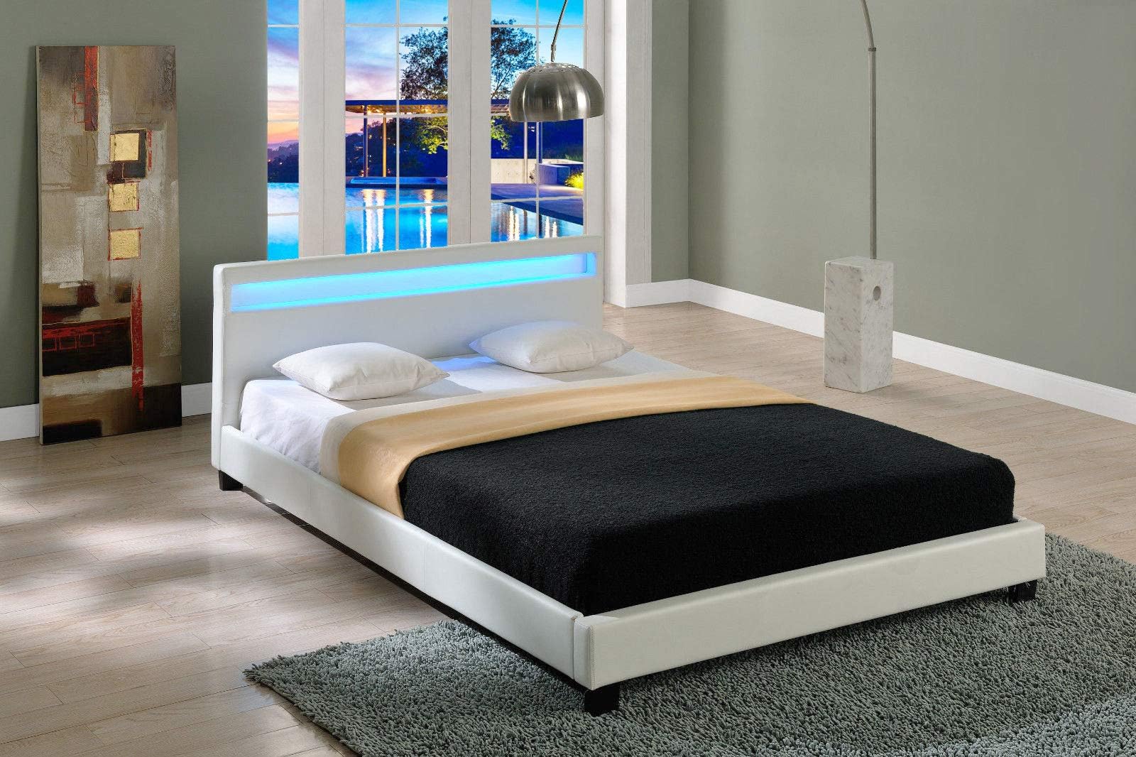 Harmin VALENTINO Faux Leather LED COLOUR CHANGING Night Light Upholstered Bed Frame (White, 3FT Single)
