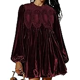 Huaqiao Womens A-Line Velvet Lace Overall Pleated Babydoll Mini Dress Casual Scallop Neck Flared Swing Dress