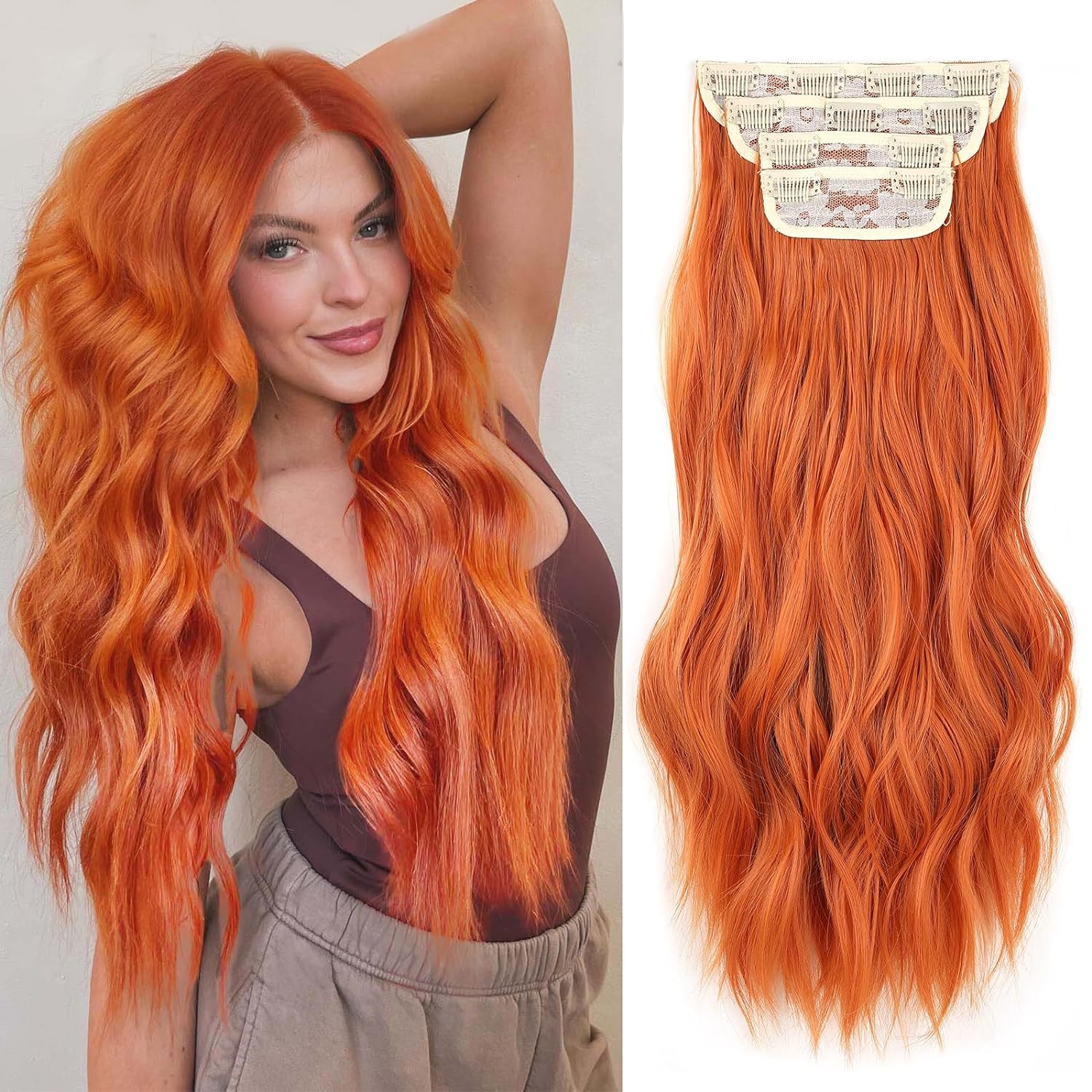 Mscat 16 Inch Wavy Hair Extensions - Orange Clip-in Synthetic Hair Pieces for Women - 4PCS Full Head Set - Thick Ginger Curly Wavy - 350g — image 1