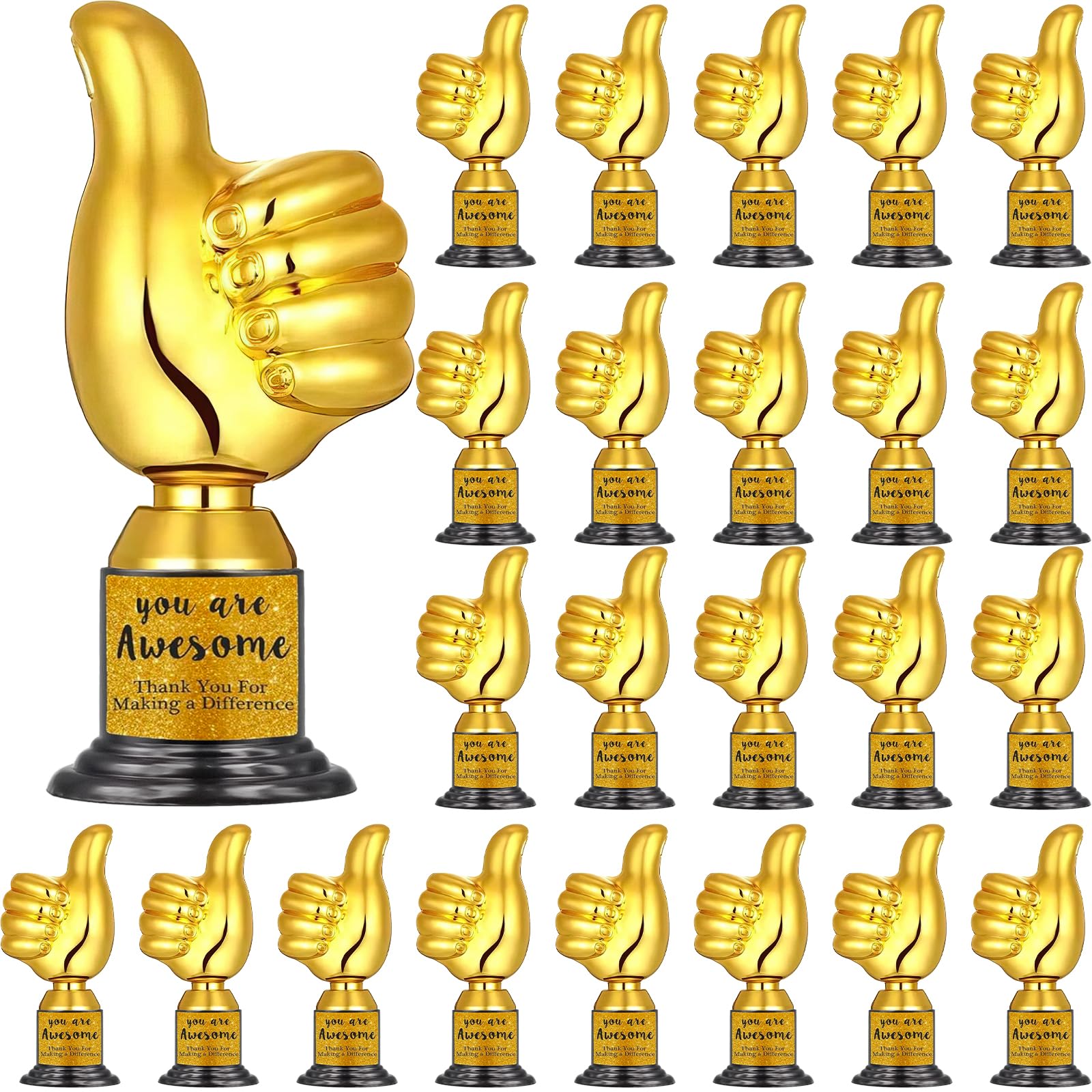 Malloom 24 Pcs Thumbs up Award Trophies with 24 Sheets Kudos Appreciation Stickers Plastic Gold Trophy Award You are Awesome Thank You Teacher Stickers for Employee Coworker Teachers Volunteer Nurse