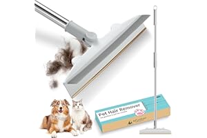 AFunkoo Dual Sided Pet Hair Remover-Telescopic Long Handle Carpet Rake for Dog Cat Hair Removal & Silicone Metal Fur Scraper Tool Reusable for Wet Dry Surfaces Rugs Mat Stairs Bathroom Tile - Grey