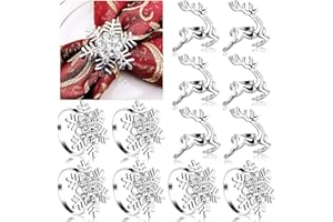 SOPHENA Christmas Napkin Rings Decoration 12 Pcs, Rhinestone Elk Snowflake Silver Napkin Rings Holders for Wedding Birthday Party Dinner Supplies