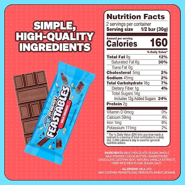 MRBEAST FEASTABLES MILK CHOCOLATE CRUNCH BAR, KING SIZE, 10 COUNT, CRISPY RICE CHOCOLATE CANDY, FAIRTRADE COCOA, 2.1OZ EACH