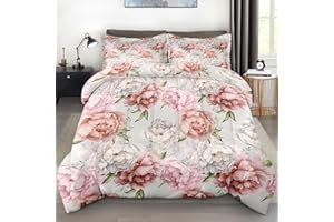 Pamnest Comforter Set Full Size, Floral Botanical Flower Soft 3 Pcs Bedding for Kids and Adults, Peony Vintage Red Rose Comforter Set with Pillowcase, for Bedroom Bed Decor