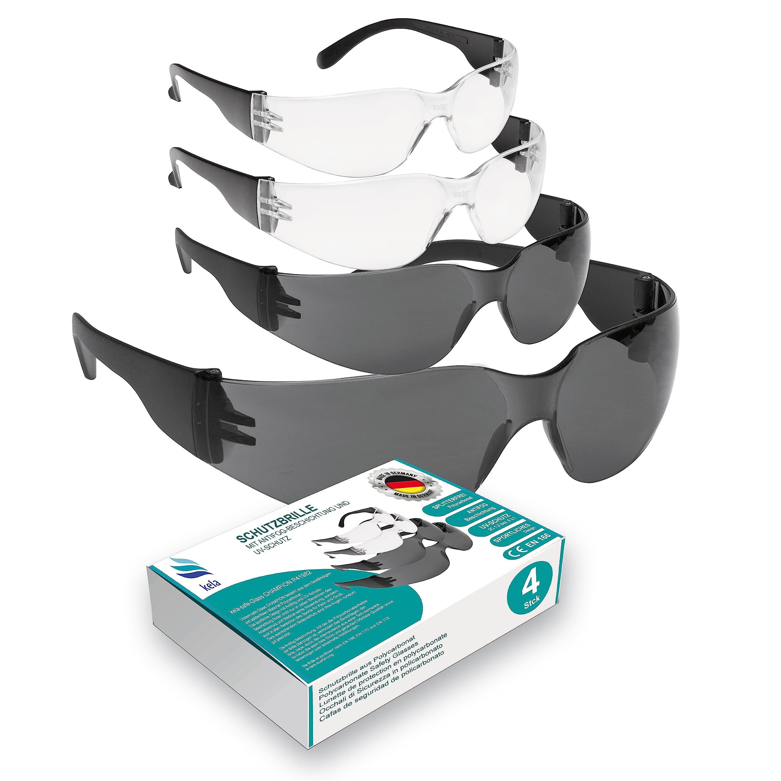 kela 4x Safety Glasses CHAMPION | Made in Germany | 2x Transparent and 2x Tinted shatterproof scratch-resistant work safety eyewear | anti-fog UV protecion, sports glasses