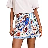 Sujama Women’s Summer Boho Skirts Floral Print Tie Knot Wrap Skirt Cute Tropical Ocean Graphic Mini Short Skirts Beachwear
