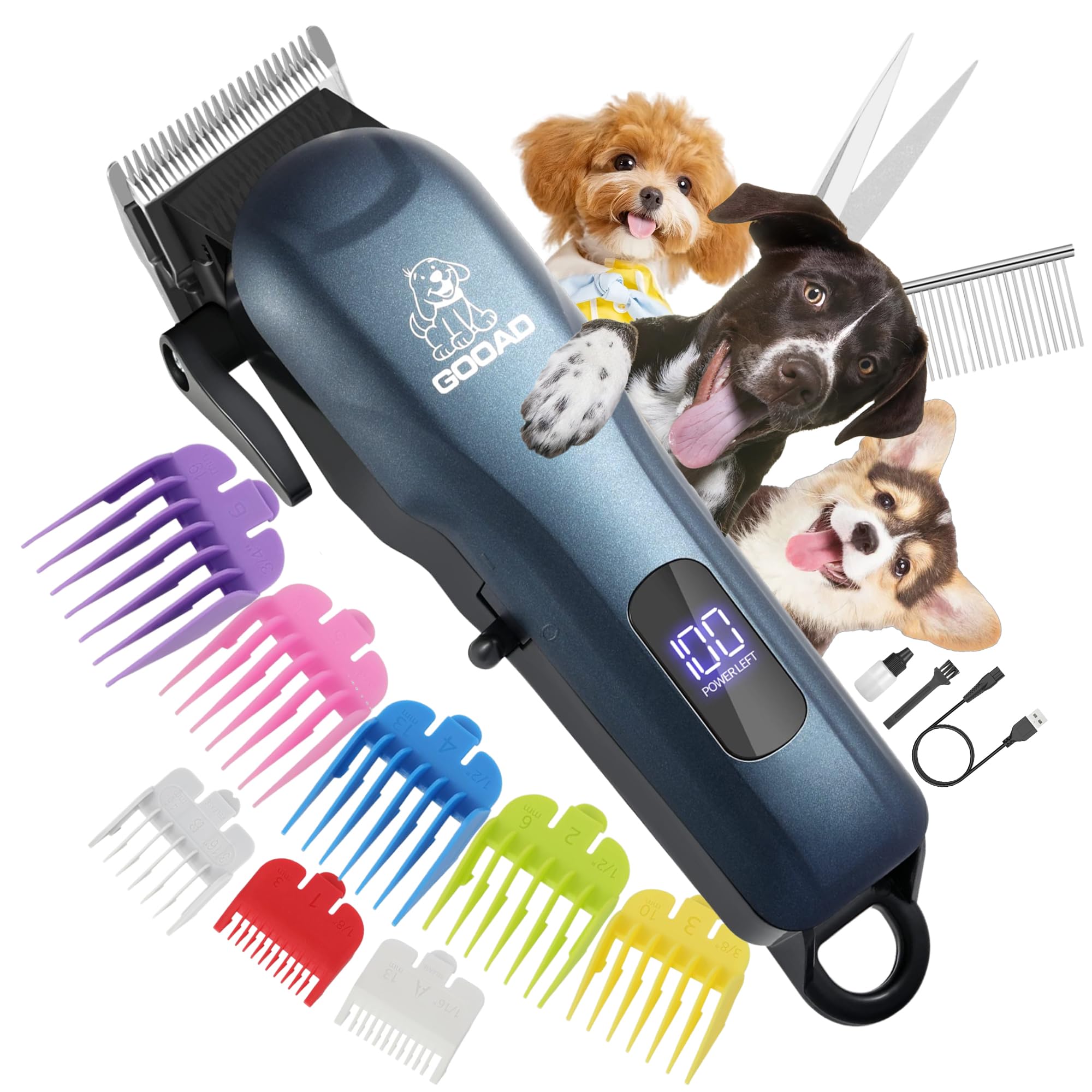 Gooad Dog Clippers for Grooming, Cordless,Low Noise, Electric Quiet,Rechargeable, Pet Hair Clippers for Thick Coats, Dog Trimmer Grooming Kit, Shaver for Small and Large Dogs Cats, Blue