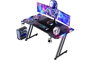 HLDIRECT LED Gaming Desk 55 Inch Ergonomic Gamer Workstation Gamer Carbon Fibre Surface Large Compuster Desk with Cup Holder & Hedphone Hook Black