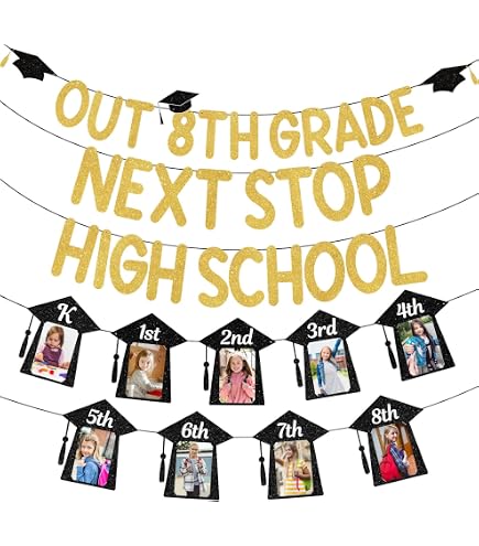 Banner 'Peace Out 8th Grade Next Stop High School' – Goldglitzernd, Für Abschlussfeier 2024, Inkl. Hängedekoration