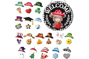 VICENPAL 35 Pcs Holiday Interchangeable Highland Cow Welcome Sign Highland Cow Seasonal Wooden Hanging Door Decor Valentines Farmhouse Hanging Sign for Front Door Winter Party Decoration Gift