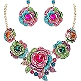 BriLove Gorgeous Stunning Crystal Layer Flower Cluster Statement Necklace Dangle Earrings Jewelry Set for Women Bridal Bridesmaid