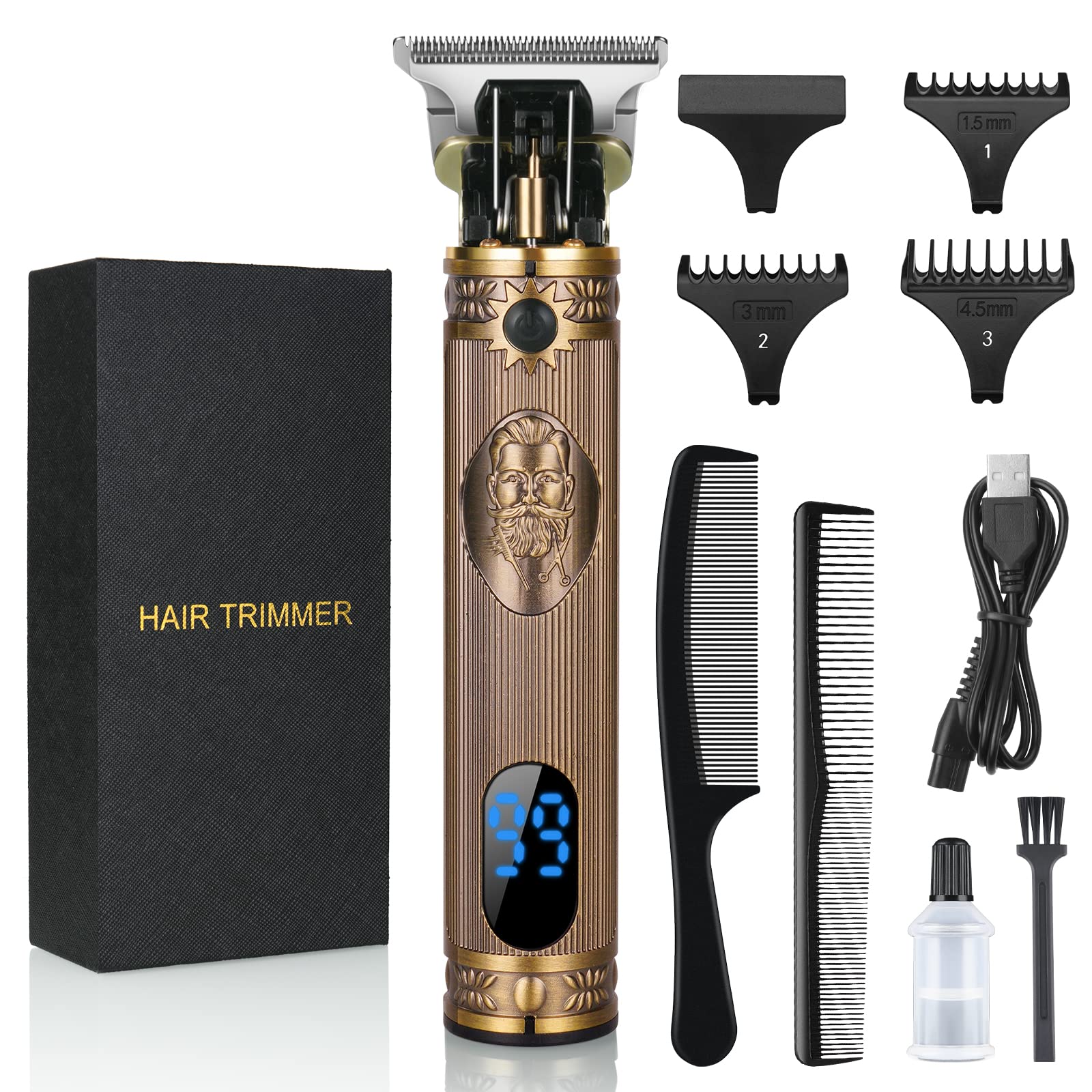 URAQT Hair Clippers for Men, Cordless Clippers Electric Hair Trimmer Beard Trimmers, Detail Beard Shaver, Precision T-Blade Trimmer Grooming Cutting Kit with 3 Guide Combs and 2 Combs (Gold)