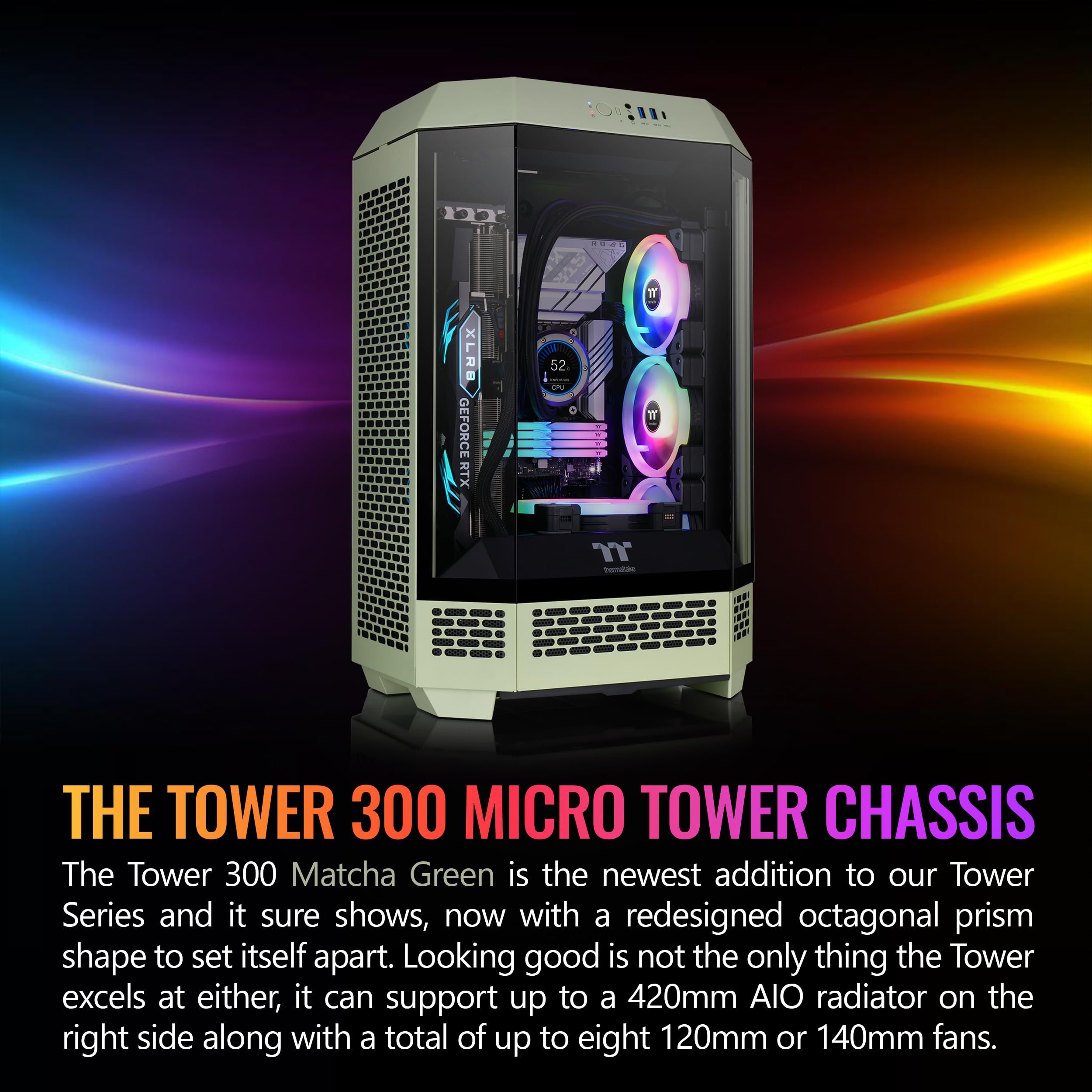 Thermaltake Tower 300 Matcha Green Micro-ATX Case; 2x140mm CT Fan Included; Support Up to 420mm Radiator; Optional Chassis Stand Kit Allows Horizontal Display; CA-1Y4-00SEWN-00; 3 Year Warranty