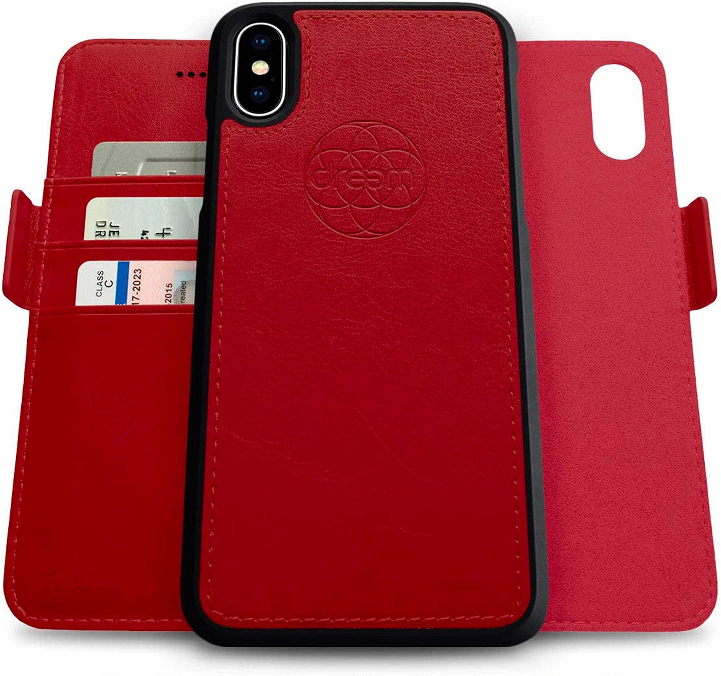 Dreem Fibonacci 2-in-1 Wallet-Case for Apple iPhone Xs Max - Luxury Vegan Leather, Magnetic Detachable Shockproof Phone Case, RFID Card Protection, 2-Way Flip Stand - Red