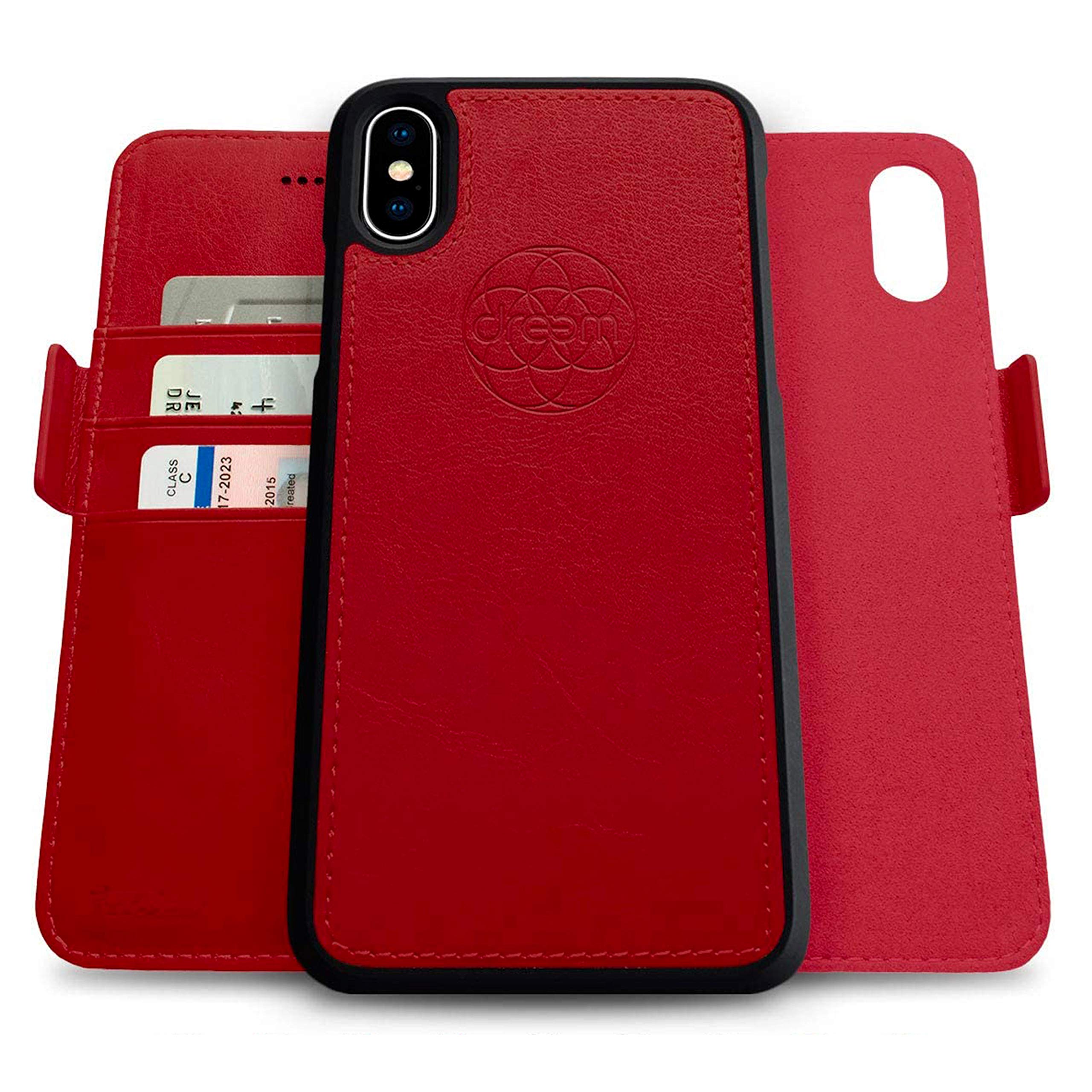 dreem Fibonacci 2-in-1 Wallet Case for Apple iPhone Xs Max - Luxury Vegan Leather, Magnetic Detachable Shockproof Phone Case, RFID Card Protection, 2-Way Flip Stand - Red