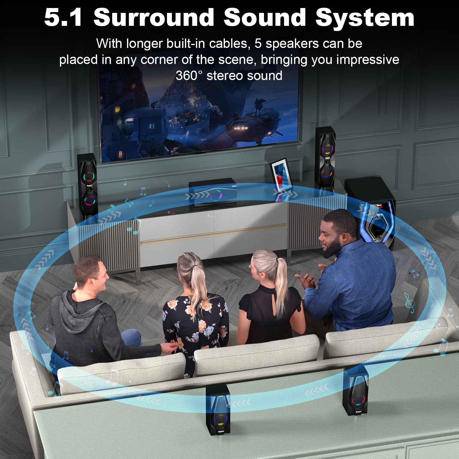 Bobtot Home Theater Systems Surround Sound Speakers - 1200 Watts 10 inch Subwoofer 5.1/2.1 Channel Audio Stereo System with HDMI ARC Optical Bluetooth Input for 4K TV Ultra HD AV DVD FM Radio USB