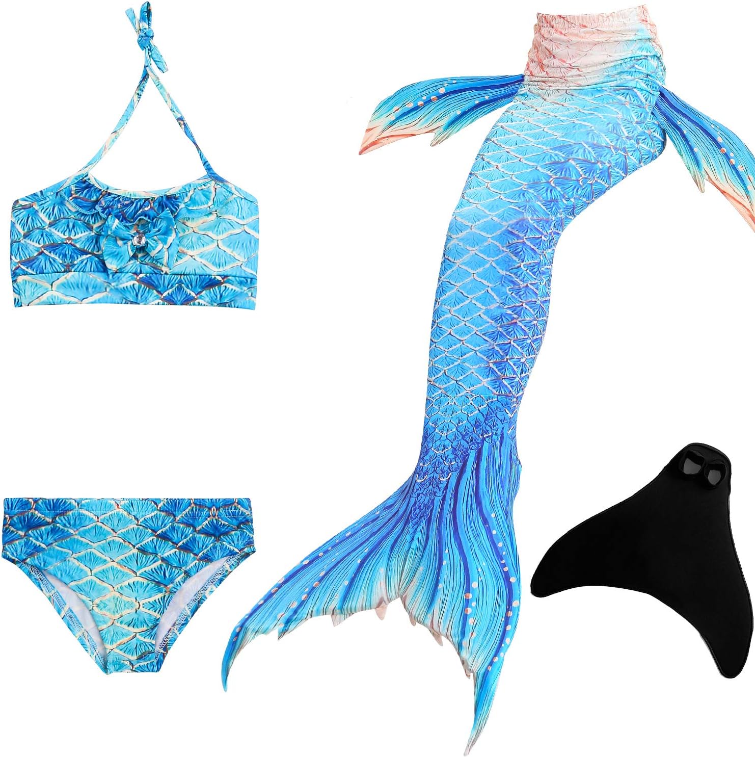 DOTOFIN Mermaid Tails, Swimsuit with Fin, Swimming Costume, Swimwear with Monofin, Girls Swimmable Mermaid Tail Swimsuit, Light Blue #2, Youth 14