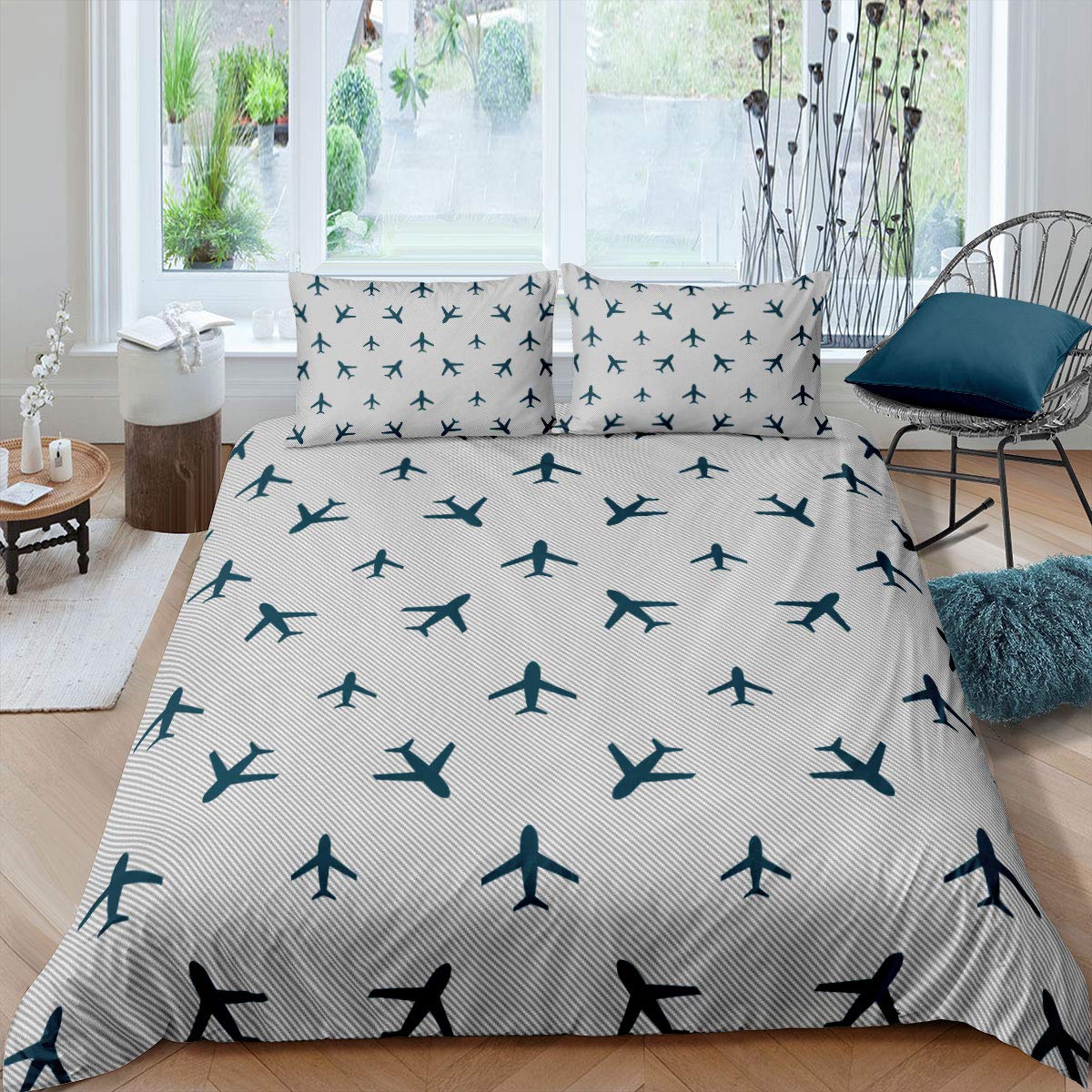 Loussiesd Stripes Duvet Cover Set Double for Kids Child Teens Men Plane Flying Decoration Blue Plane Comforter Cover with 2 Pillowcases Soft Microfiber Cute Lovely Quilt Cover Zipper 3 Pcs