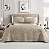 BOURINA Ultrasonic Quilt Set Bedspreads 3-Piece Bedding Set Pre-Washed Microfiber Ultra Soft Lightweight Flower Coverlet Set for All Season, Queen Beige