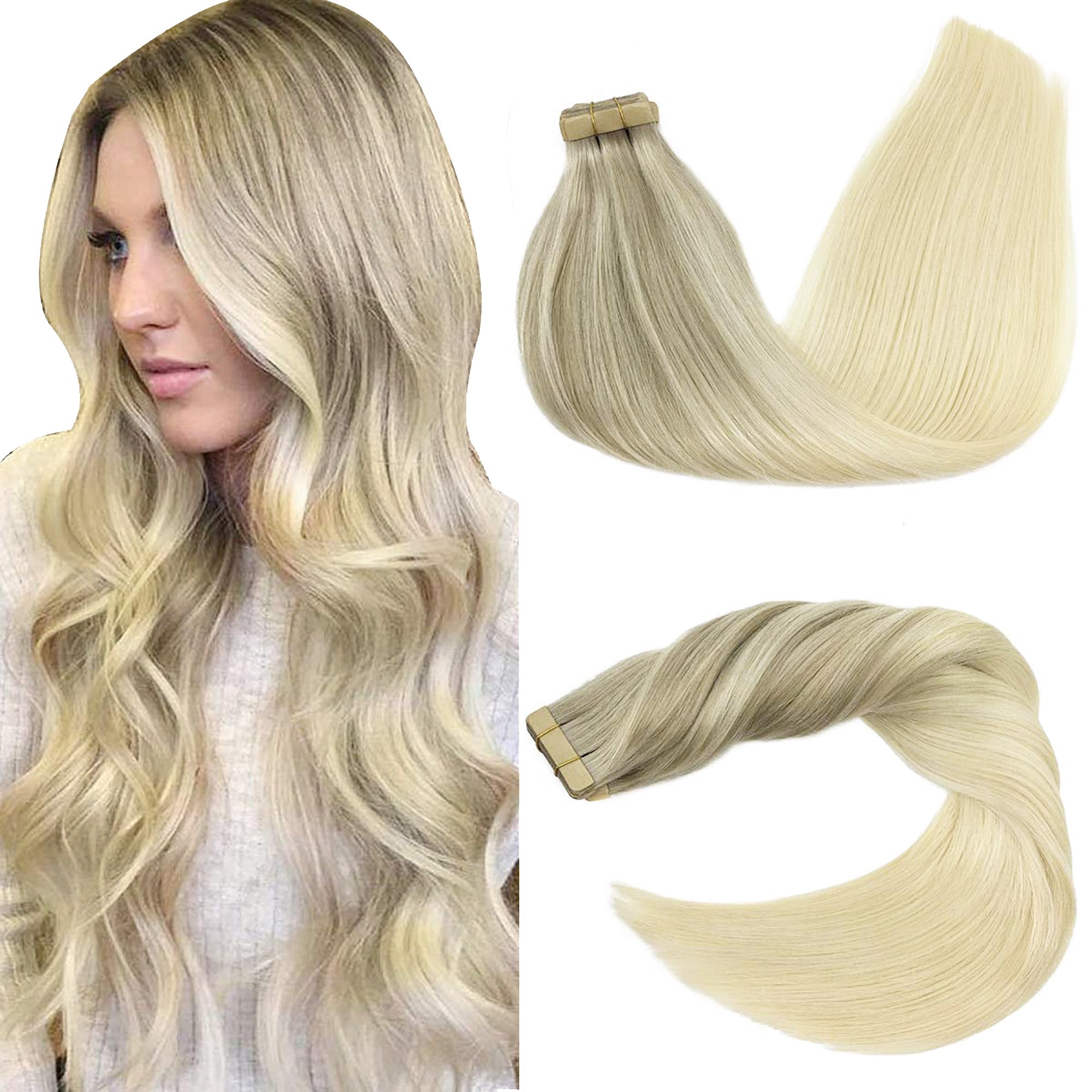 GOO GOO Tape in Hair Extensions Human Hair, 24inch 50g 20pcs, Real Remy Hair Extensions Seamless Straight Tape in, Balayage Ash Blonde to Golden Blonde and Platinum Blonde