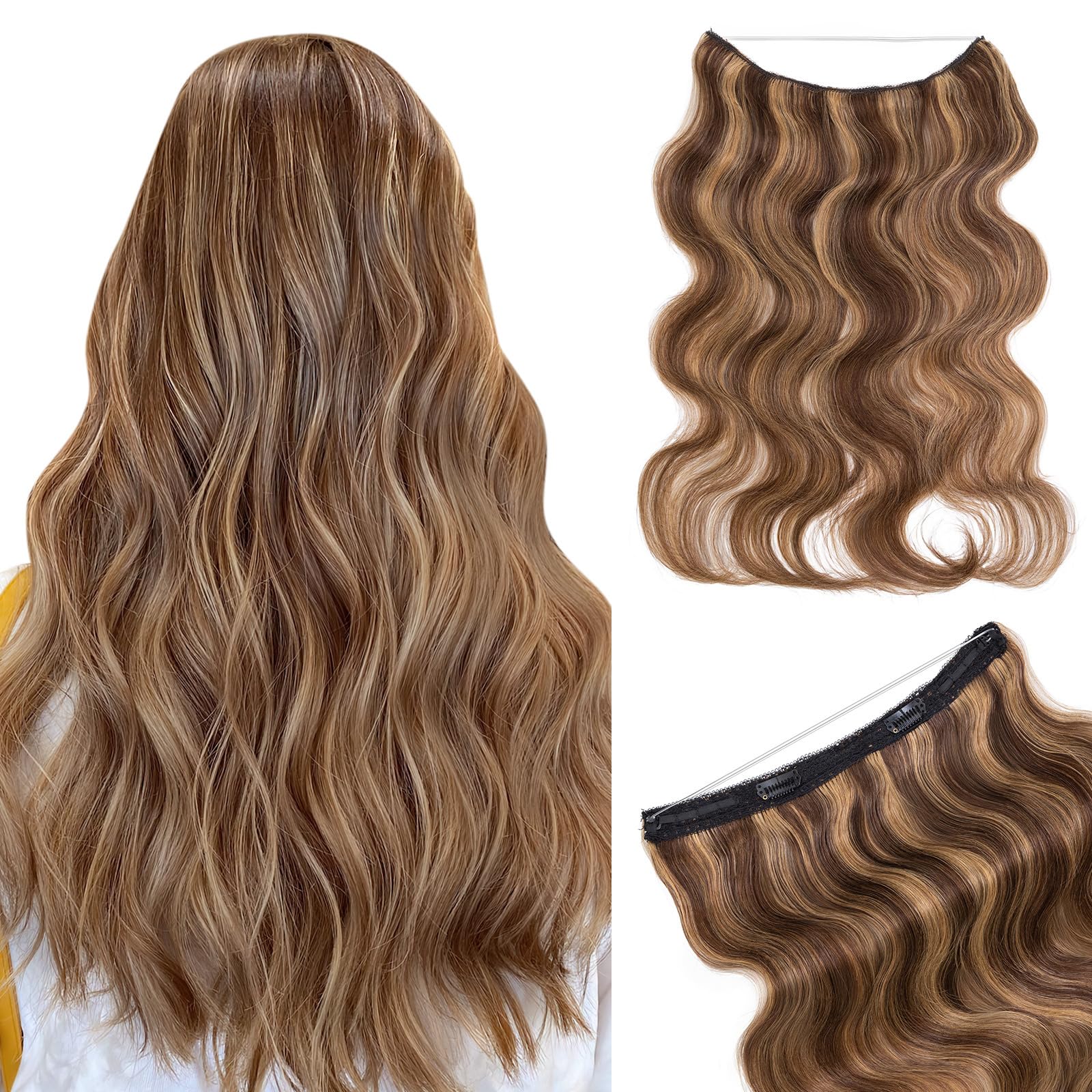 Photo 1 of Benehair Halo Hair Extensions Real Human Hair, Halo Hair Extension 100% Human Hair, Wavy Halo Extensions Human Hair, Hair Halo Extensions, Wire Hair Extension, Medium Brown&Dark Blonde 55g/12inch