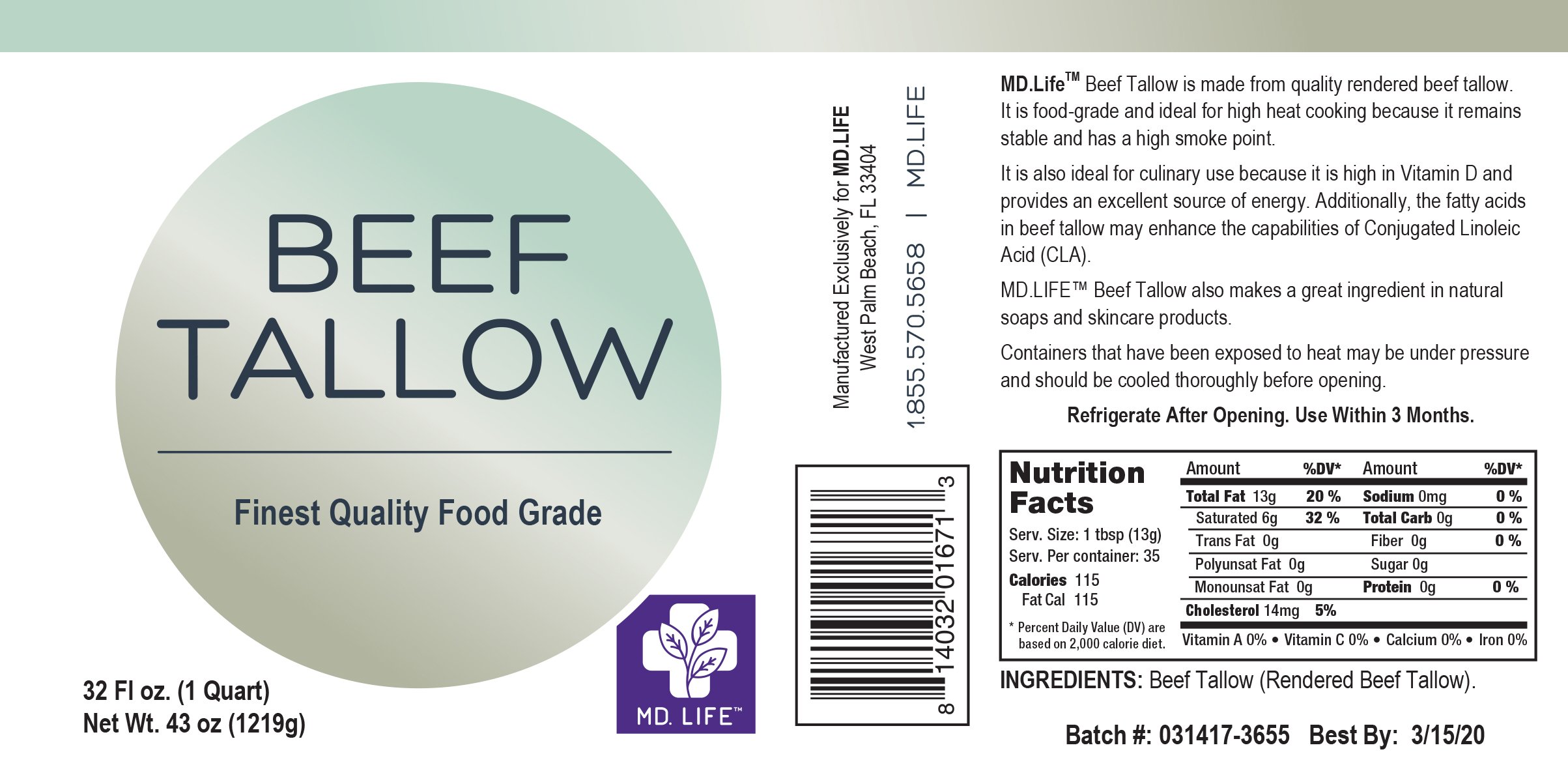 MD. Life Beef Tallow Lard for Cooking Food Grade Grass Fed Collagen