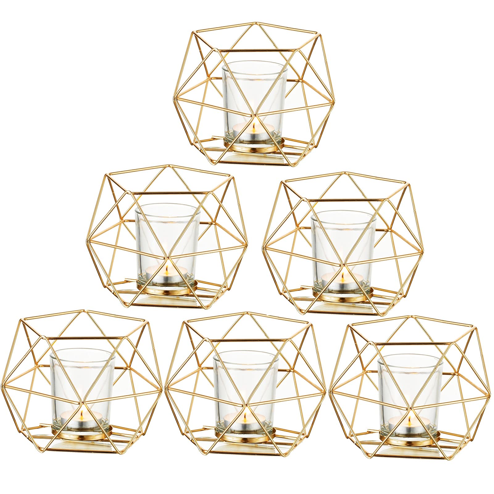 Romadedi Geometric Gold Candle Holders - Tealight Holder for Tea Lights, Decorative Candle Stand Accents for Home Table Shelf Mantel Modern Geo Decoration, Wedding Reception Décor, 6pcs