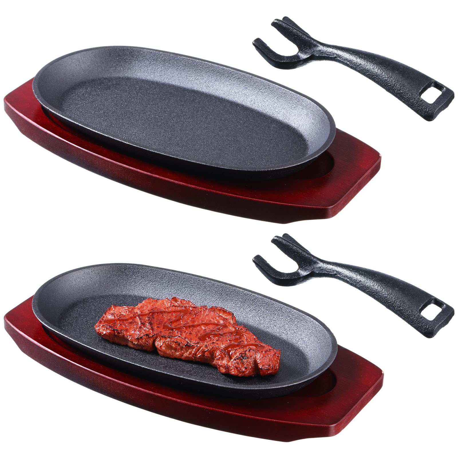 Photo 1 of 2 Pieces Oval Cast Iron Fajita Skillet Pan Set Small Sizzling Steak Plate with Wooden Base and Handle Cast Iron Fajita Skillet Sizzling Plate for Home Restaurant Barbecue Wedding Valentine's Day