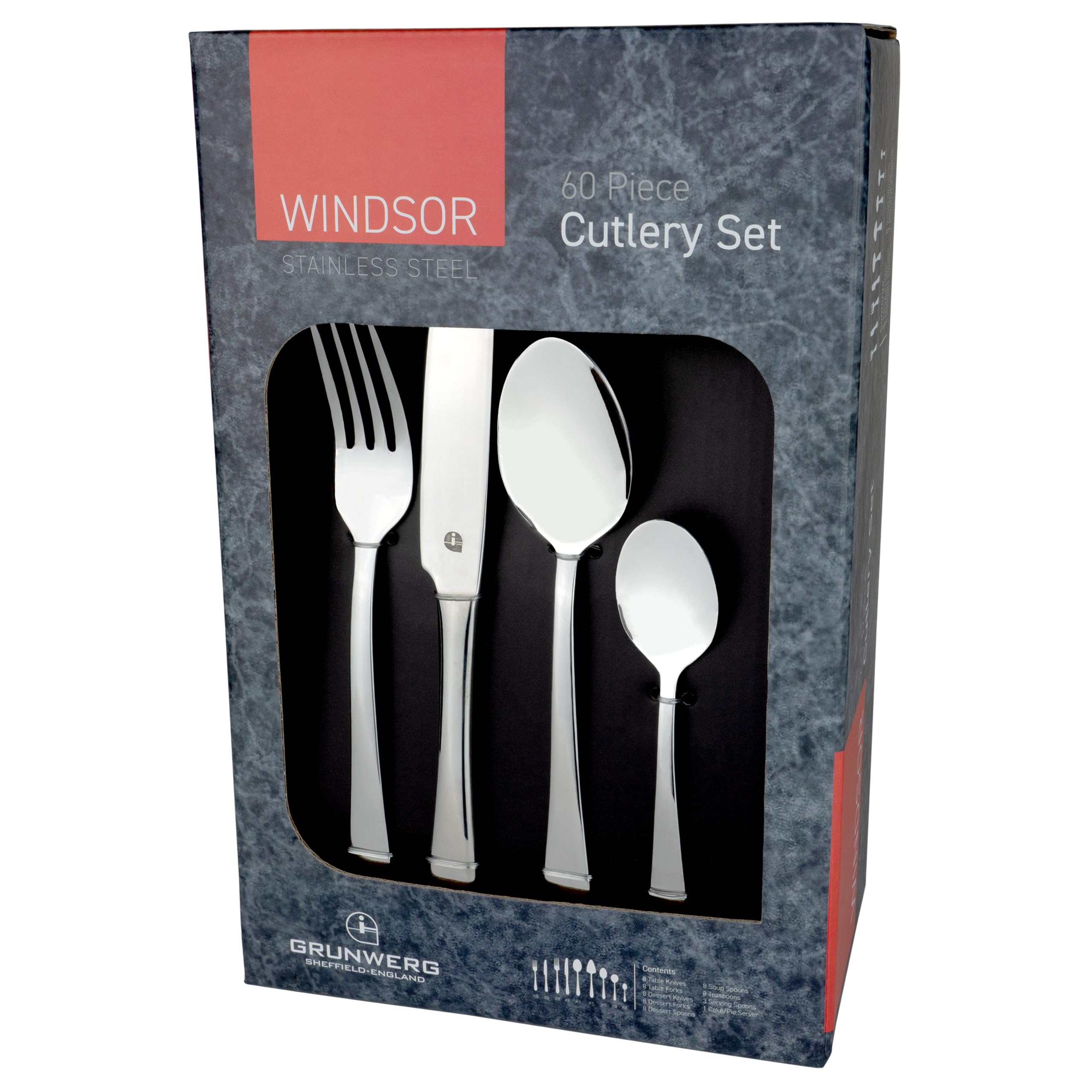 Grunwerg Windsor Carded 60-Piece Boxed Mirror Cutlery Set 60BXWDR, 18/0 Stainless Steel