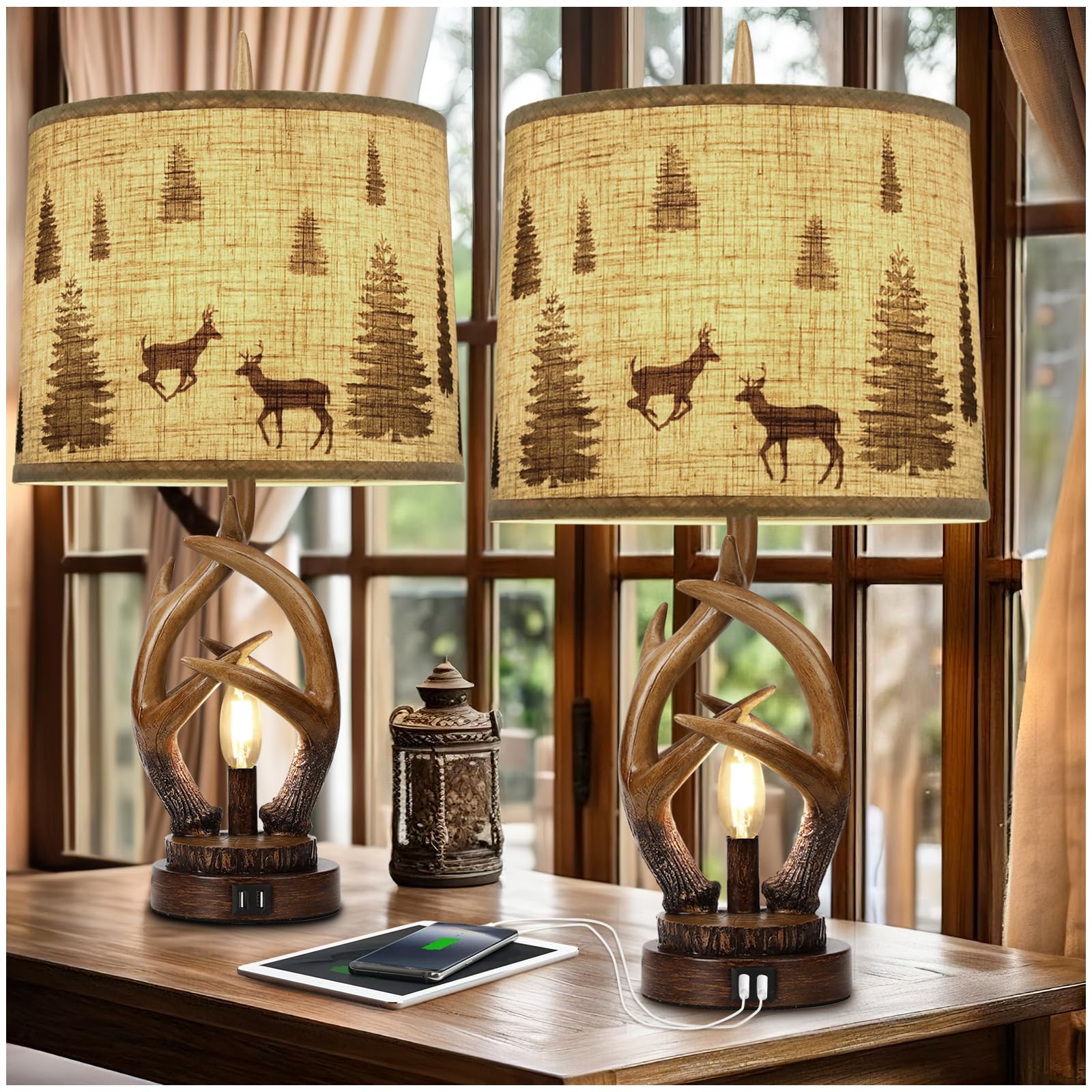 Photo 1 of Scenekoy Rustic Farmhouse Antlers Table Lamp Set of 2 with Nightlight Dual USB Ports Linen Fabric Round Shade Bedside Lamp Decor for Living Room Bedroom Office House