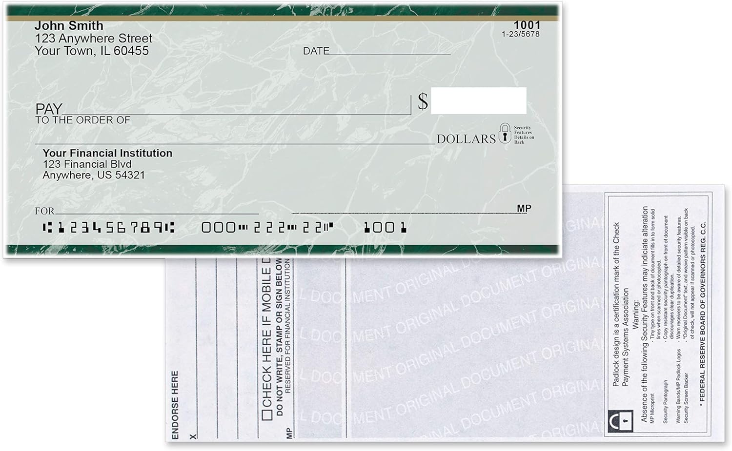 Value Price Green Marble Top Tear Personal Checks (1 Box of Singles, Qty. 125) : Office Products