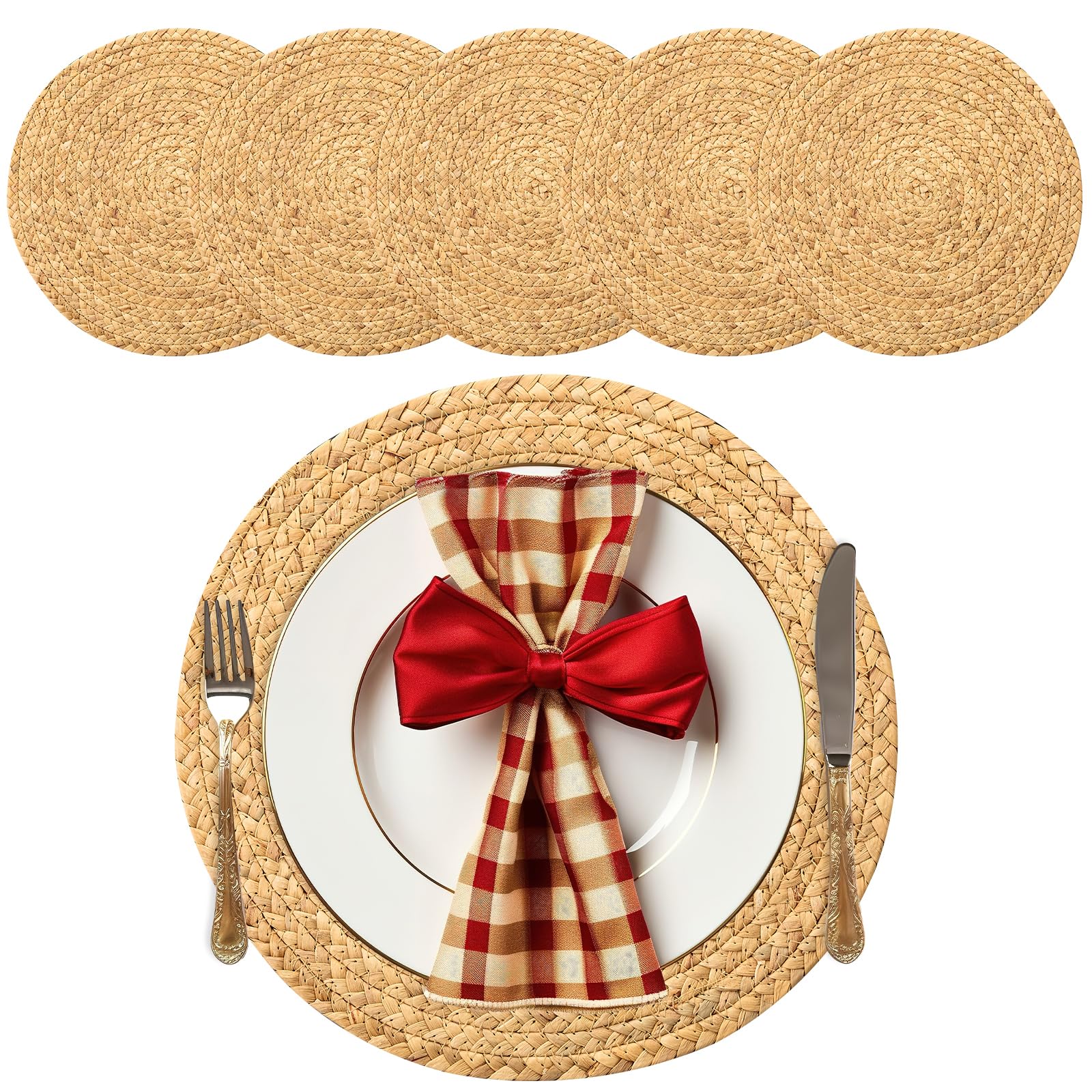 Photo 1 of 14'' Round Woven Placemats Set of 6 - Natural Extra Wide Placemats Braided Heat Resistant Placemats Farmhouse Boho Fringe Place Mats Wipeable Circle Wicker Placemats