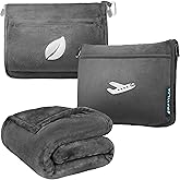 PAVILIA Travel Blanket Pillow, Airplane Blanket Set in Soft Bag with Pockets, Plane Blanket Compact Packable, Flight Essentials Car Pillow, Travelers Accessories Gifts, Luggage Strap, Gray