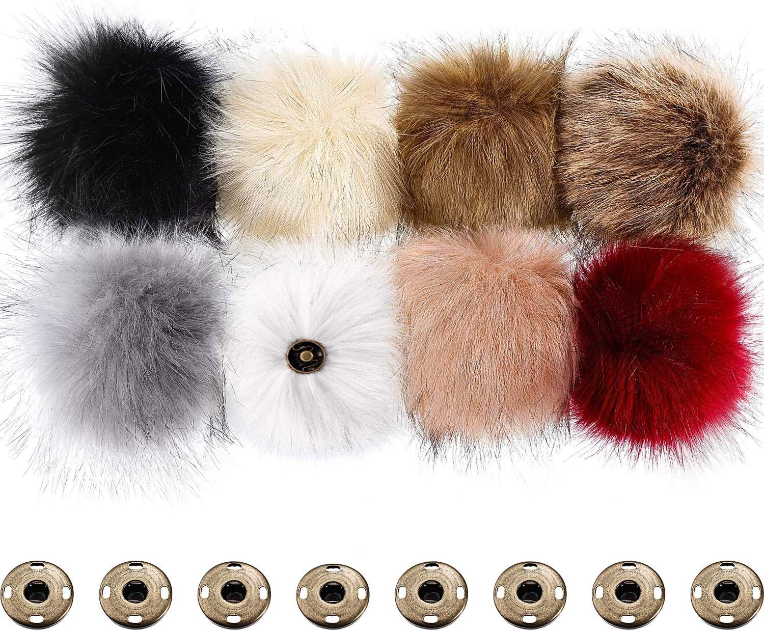 BOAO Faux Fur Fluffy Pompom Ball for hat with Removable Press Button for Knitting Hat Shoes Scarves Bag (Black, White, Gray