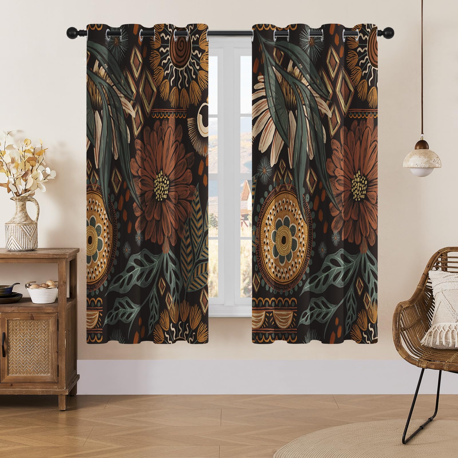 MitoVilla Boho Flower Blackout Curtains for Bedroom Windows, Plant ...