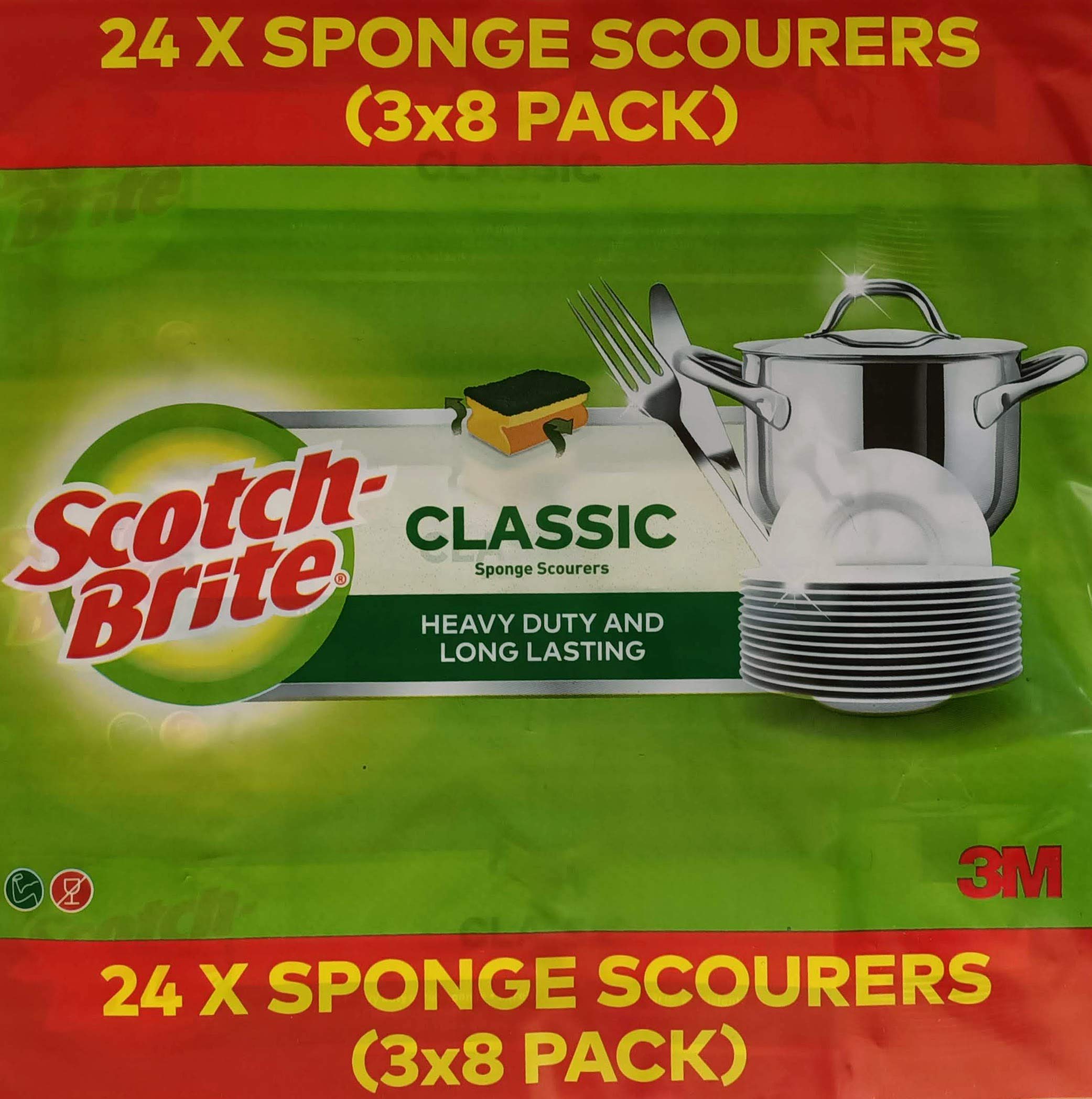 Scotch Brite Classic Sponge Scourers Heavy Duty Long Lasting, Pack of 3 x 8, Green/Red
