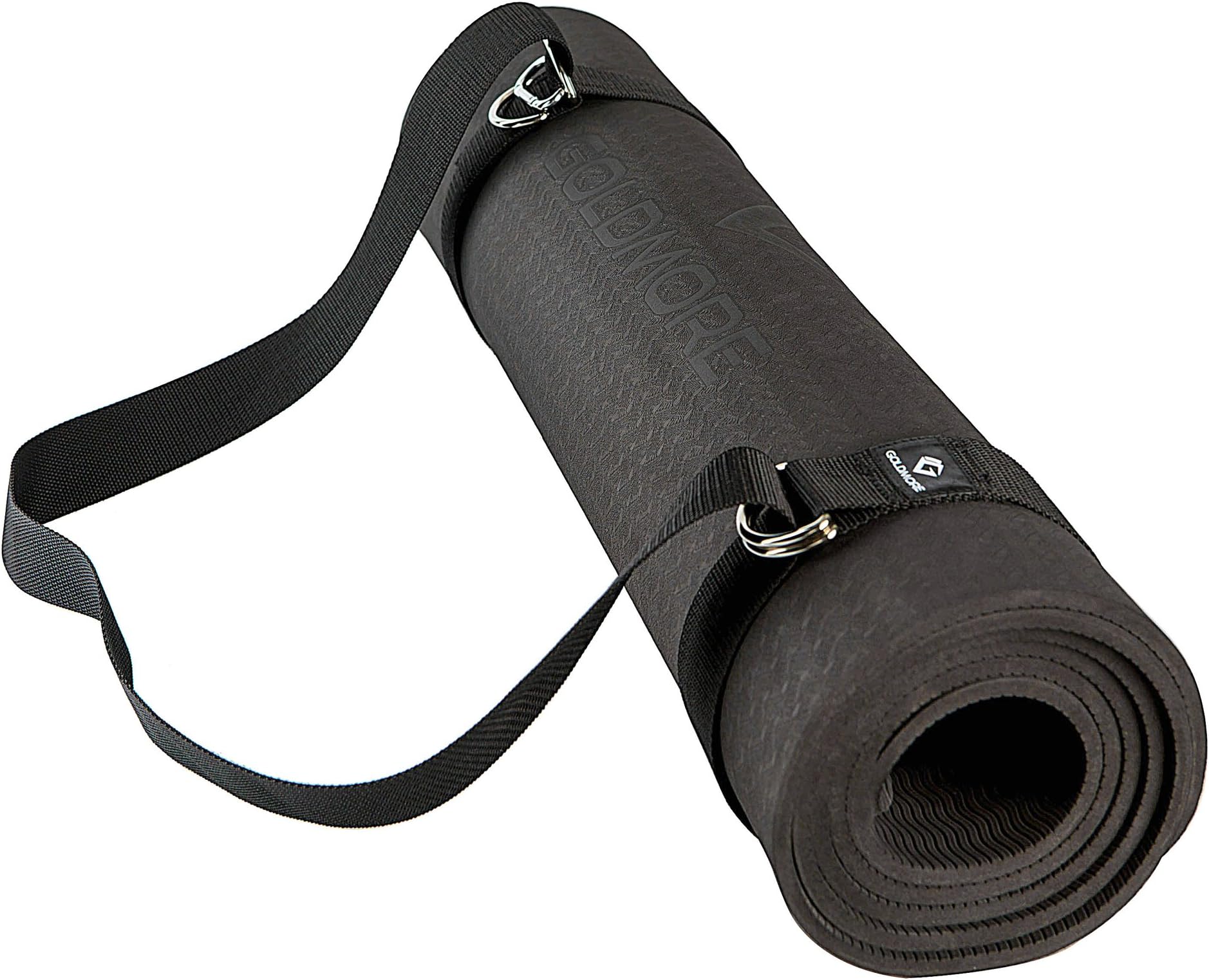 Goldmore Yoga Mat with Strap Non Slip,Eco Friendly SGS Certified TPE Exercise Mat for Pilates,Hot Yoga,Core Exercises,Fitness Interval Training- High Density Thick 1/4" （6mm）Durable Mat 72"24"(Black)