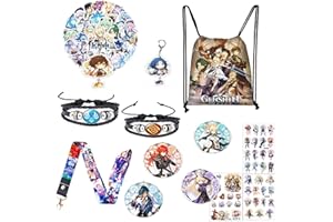 YUANHUISHENG Genshin Impact merch Gift Sets - 1 Genshin Impact Drawstring Bag Backpack, 50 Cartoon Stickers, 1 Lanyard, 2 Keychains,2 Bracelets, 4 Button Pins,6 Stickers for Anime Genshin Impact Fans