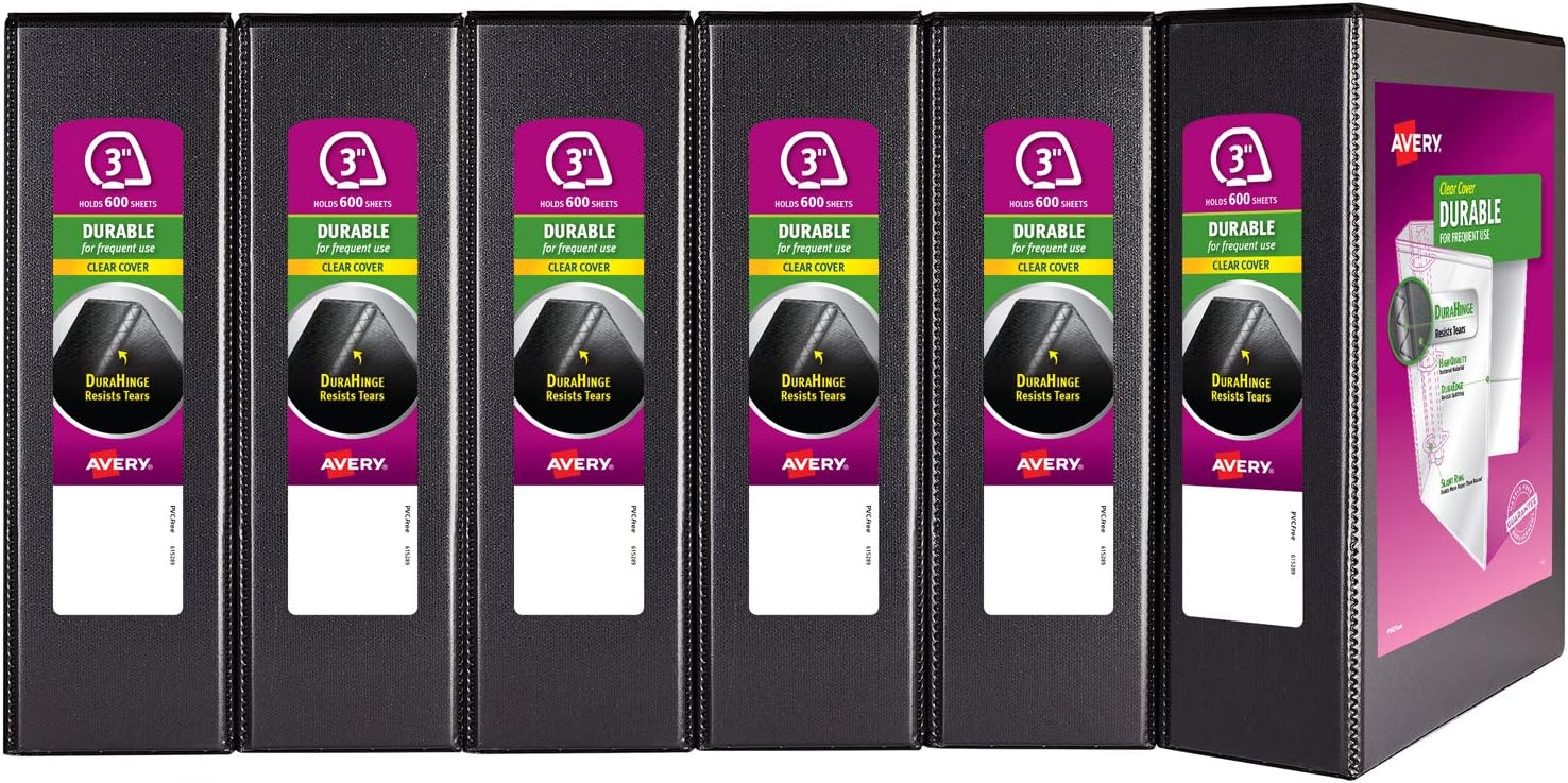 Avery Durable View Binder, 3" Slant Rings, 600-Sheet Capacity, DuraHinge, Black, Case Pack of 6 (17041)