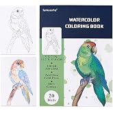 tumuarta Watercolor Coloring Book, 20 Unique Designs, 5x7&rdquo;, 100% Cotton, 300GSM, 140 LB, Cold Press, Acid Free Watercolor Paper, Glue Bound Mixed Media Sketch Book Birds