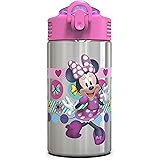 Zak Designs Disney Minnie’s Happy Helpers - Stainless Steel Water Bottle with One Hand Operation Action Lid and Built-in Carr