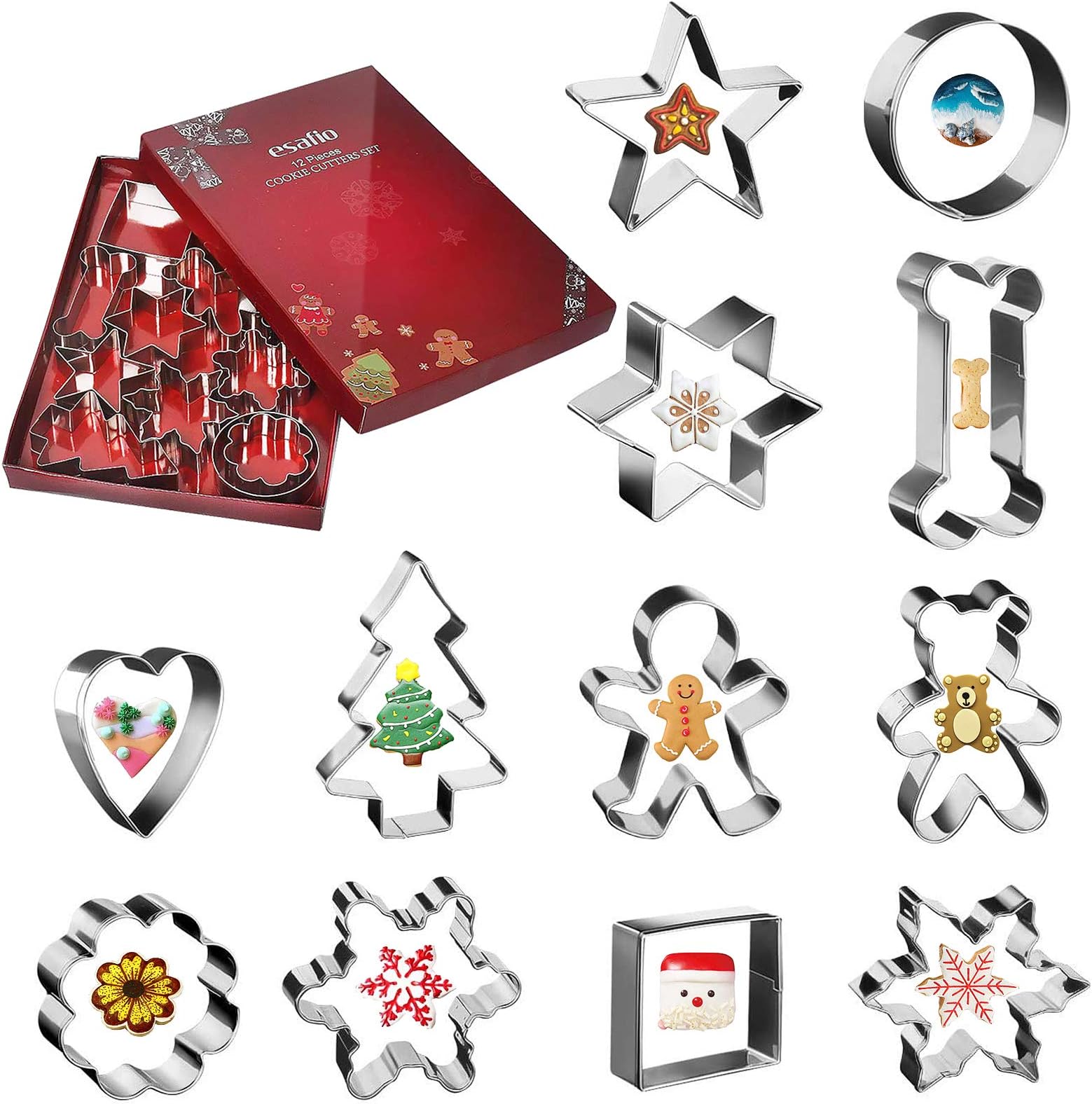 Cookie Cutters,12 Pieces Xmas Biscuit Cutters 304 Stainless Steel with Heart, Flower, Bone, Round, Snowflake, Square Shapes for Birthday, Baking, Christmas Sanwich Cutter for Kids