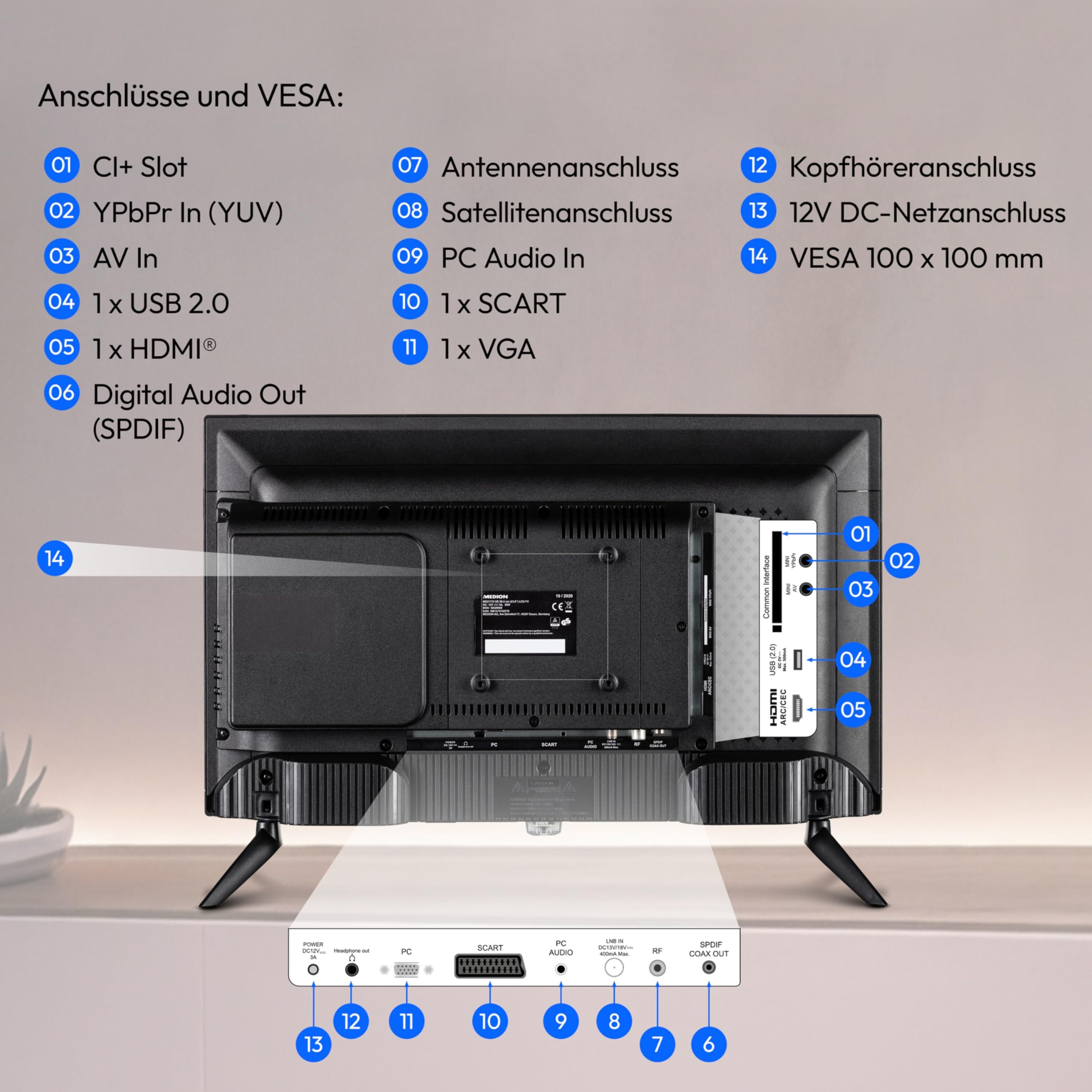 MEDION 59,9 cm (24 Zoll) Full HD Fernseher (integrierter DVD-Player, perfekt für Camping Wohnmobil LKW Garten, 12V KFZ Car-Adapter, Triple Tuner Receiver, HDMI, USB, MD 824001) 6