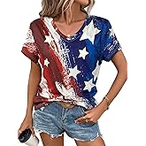 JDyymiys 4th of July Shirts Women V Neck Patriotic T Shirt All Over American Flag Print USA Stars and Stripes Tees