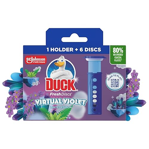 Duck Fresh Discs Toilet Cleaner Starter Kit, Fights Stains That Harbour Germs, Prevents Limescale Build Up, Virtual Violet, Pack of 5 (Each Kit contains 1 Holder + 1 Refill Tube)