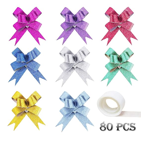 Woohome Pull Bows Ribbon with 1 Roll Glue Dots, Colored Pull Bows Gift